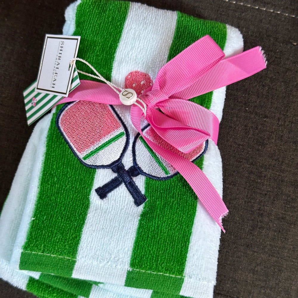 Green and White Striped Towel with Pink Bow great gift for pickleball lovers